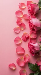 Obraz premium Arrangement of pink roses and petals on a soft pink background for a calming aesthetic