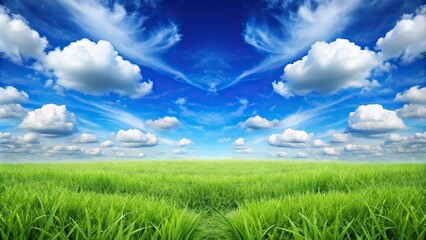 Obraz premium Scenic background with green grass and blue sky with snow white clouds