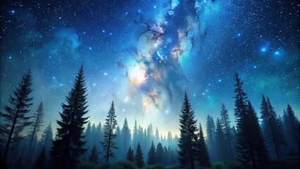 Naklejka premium Close-up view of a forest under a night sky filled with trees