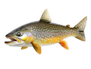 Close-up of a colorful trout fish with detailed scales and vibrant hues against a white background.