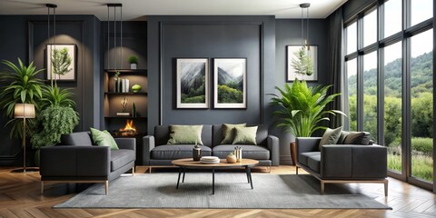 Obraz premium Modern Living Room Interior Design with Green Accents and Natural Light, living room, interior design