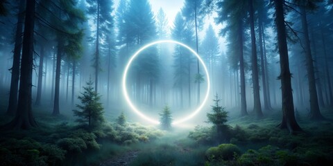 Mystical Forest with Glowing Circle, Foggy, Fantasy, Light , Neon