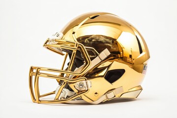 Fototapeta premium Gold Football Helmet Isolated on White. Modern Protection with Gold Color for Face Mask