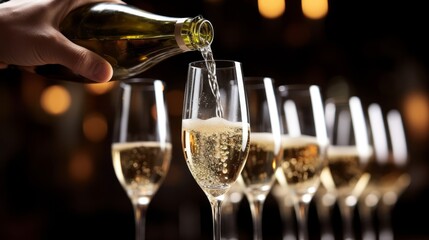 champagne bottle and glass. Pouring champagne into glasses.