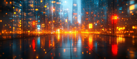 Fototapeta premium Reflective Cityscape at Night with Blurred Lights and Buildings