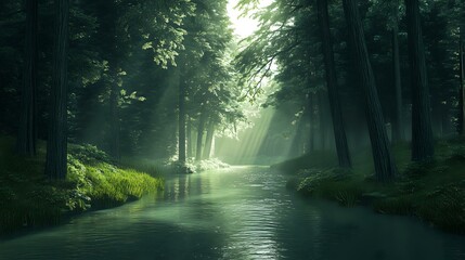 Fototapeta premium Tranquil river winding through a dense forest with tall trees on both sides, soft sunlight illuminating the watera??s surface
