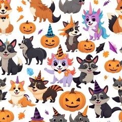 Cartoon Halloween-Themed Characters: Corgi, Unicorn, Dinosaur, and Raccoon on a White Background