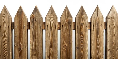 Fototapeta premium Wooden Fence Texture - Rustic Brown Wooden Picket Fence on White Background, rustic, texture