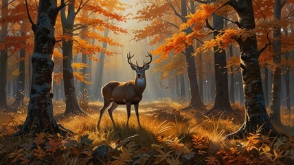 A lone deer stands in a sun-dappled autumn forest, its antlers silhouetted against the warm light filtering through the leaves.