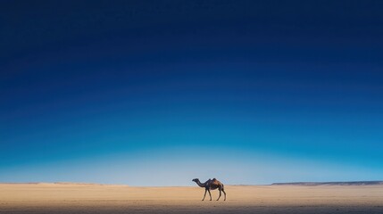A lone camel walking across the barren desert, the sand stretching out under a deep blue sky.