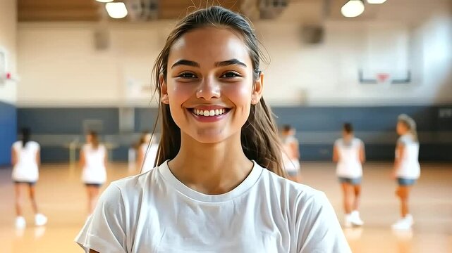 Gym Coach. Cheerful Female PE Teacher Looking at the Camera While Leading a Class in the Elementary School Gym