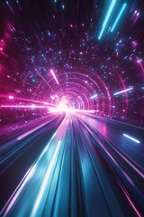 A vibrant cosmic tunnel with swirling purple and blue light in deep space at night