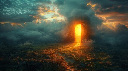 A serene landscape with a winding path leading to a bright glowing door symbolizing the journey towards enlightenment and the potential for transformation through dream exploration.