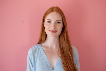 Fototapeta premium Confident Young Woman with Red Hair in Light Blue Blouse Against Coral Background