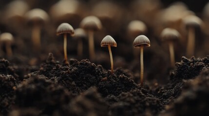 A macro shot of small mushrooms emerging from the soil, their caps just breaking the surface in detailed focus.