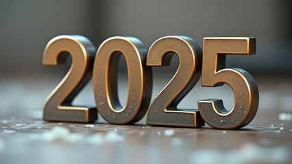 initial letters "2025" made of bronze metall. blurred white bokeh background, empty space around letters 