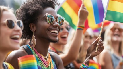 LGBTQ+ rights celebrated by close-up portraits of individuals waving rainbow flags at a pride parade, photography style, photo of