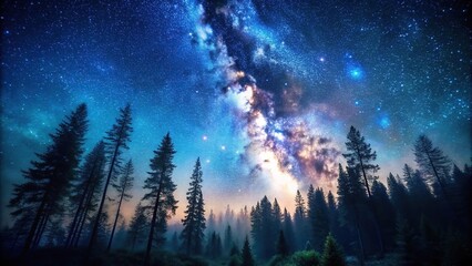 Fototapeta premium Close-up view of dense forest with tall trees beneath starry night sky