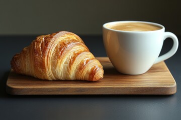 A warm croissant beside a steaming cup of coffee on a wooden board in a cozy setting