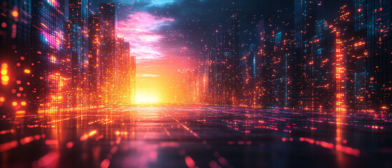 Futuristic Cityscape with Glowing Lights and Digital  Architecture