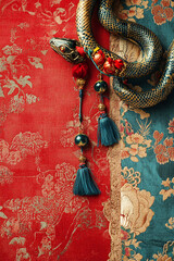 Obraz premium chinese lunar new year with lantern and traditional lion dance background, year of the snake festival celebration background