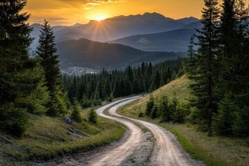 Serene winding mountain road at sunset in the Carpathian Mountains
