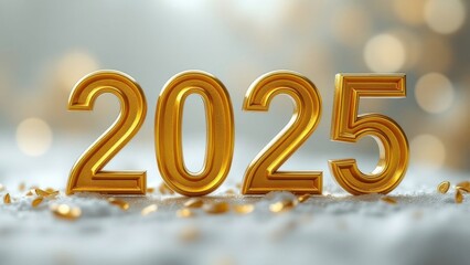 initial letters "2025" made of yellow metall. blurred white bokeh background, empty space around letters 