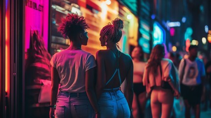 Obraz premium LGBTQ+ visibility in urban nightlife: Reflecting queer culture and nightlife scenes, photography style, photo of