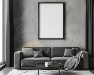 「モダンなリビングルームインテリア。壁に白いキャンバス。モックアップ用にアート作品、ポスター、絵画を配置。」