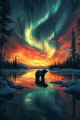 Des aurores bor&eacute;ales avec un ours en premier plan