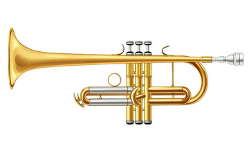Obraz premium Detailed image of a classic brass trumpet showcasing its gleaming golden finish and intricate design, perfect for music-related projects.