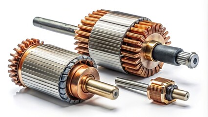 Close-up view of parts of a DC motor armature, brushes, permanent magnets, and commutator at a tilted angle