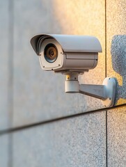 A surveillance camera mounted on a wall, capturing the environment in a modern setting, highlighting security and monitoring technology.