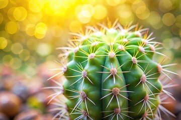 Close-Up view of Pointy spikes of small light green cactus succulent with soft bokeh background