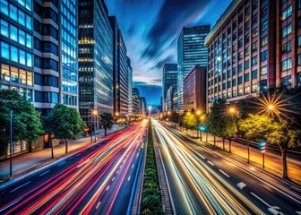 Fototapeta premium Long exposure captures the vibrant dance of light trails in urban nightscapes, showcasing the mesmerizing interplay of illumination and darkness across bustling city streets.
