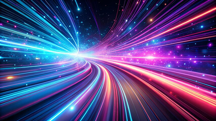 A vibrant, abstract depiction of colorful light trails moving through a cosmic space, illustrating speed and dynamic motion.