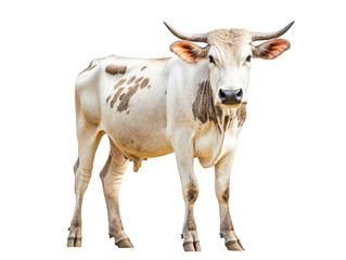 Majestic white and brown cow standing on a white background, showcasing its distinct markings and horns.