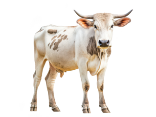 Majestic white and brown cow standing on a white background, showcasing its distinct markings and horns.