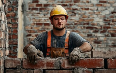 Male construction worker in a hard hat builds a wall with bricks and mortar.