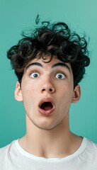 Surprised Young Man on Pastel Green Background for Realization Concept