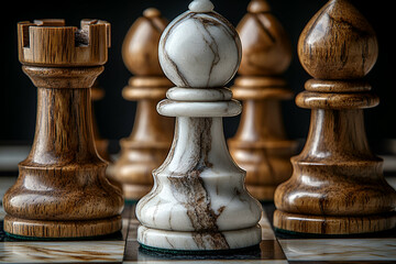 Fototapeta premium A close-up view of an elegant chess set, featuring a mix of intricately designed wooden pawns and a striking marble king.