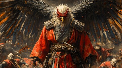 Warrior with Eagle Wings in Fiery Battle Landscape