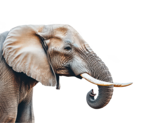 A majestic African elephant with long tusks stands against a clear background.