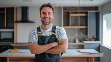 Smiling Caucasian male carpenter in work attire standing in a modern kitchen.