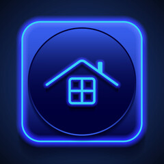 House roof and window simple icon vector. Flat design. Blue neon style on button. With shadow