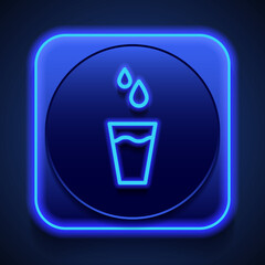 Glass with water, water drops simple icon vector. Flat design. Blue neon style on button. With shadow