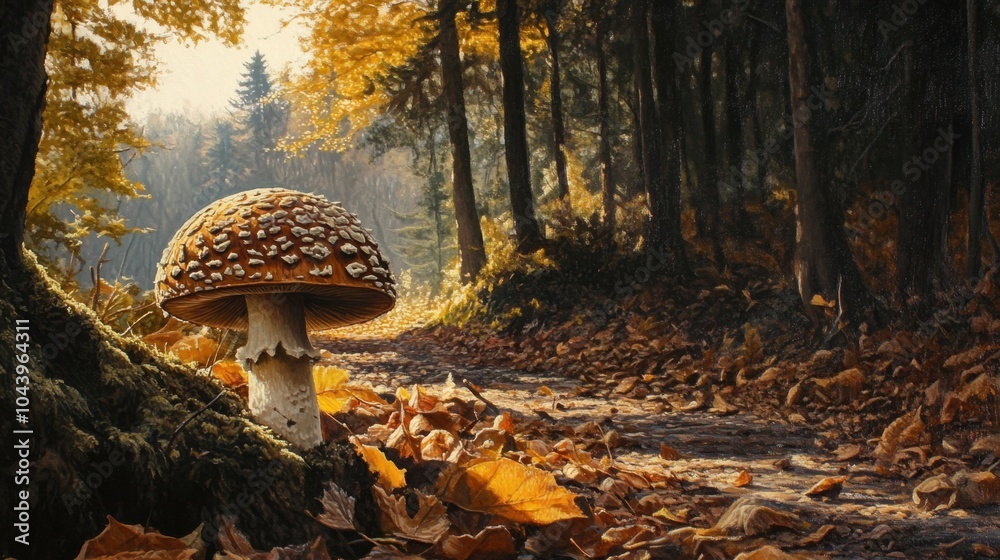 Wall mural A single mushroom standing tall among fallen leaves in a sunlit woodland scene, its texture vivid and realistic.