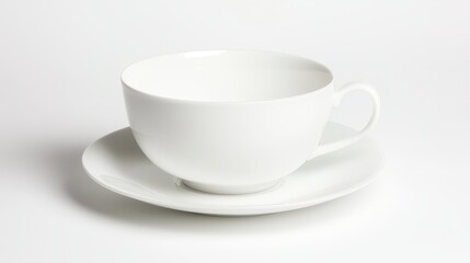 Fototapeta premium A single white porcelain teacup with a saucer, isolated on a white background, with a clean, simple design and subtle shadow