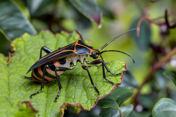 Stink bug on green leaf, with black and red stripes contrasting against blurred foliage