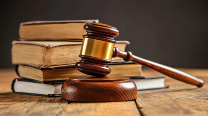 Obraz premium Legal gavel resting on wooden block in front of stacked law books, symbolizing justice and legal system. This conveys authority and importance of law